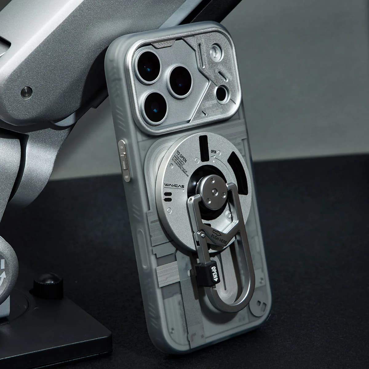 WAKCAS Tech-Core MagSafe iPhone Case | Exposed Mechanical Design with Silver Metal Lens Frame