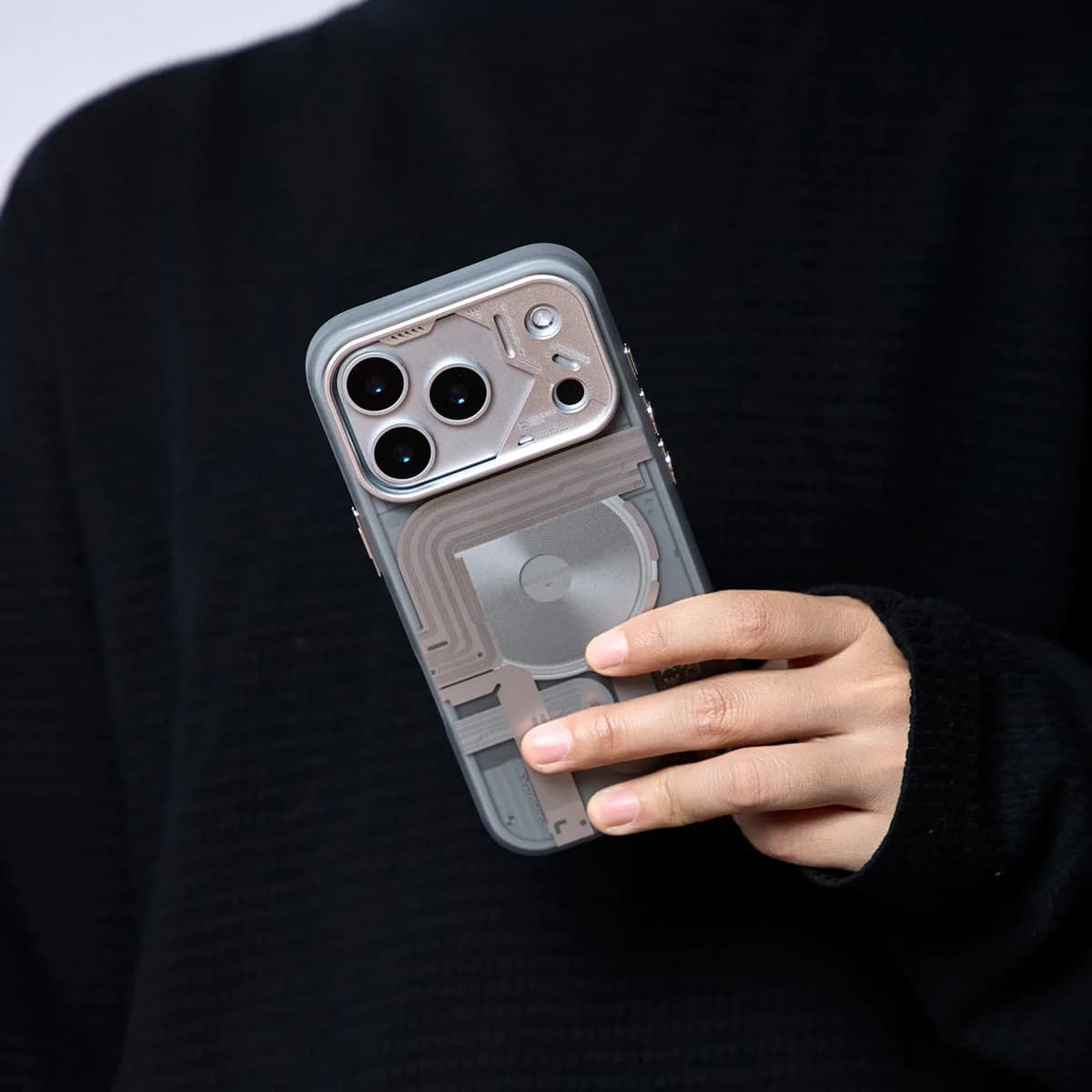 WAKCAS Tech-Core MagSafe iPhone Case | Exposed Mechanical Design with Silver Metal Lens Frame