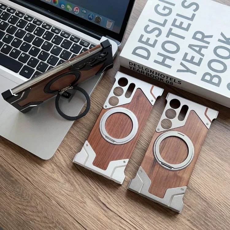 Borderless Phone Cover Wood Grain Aluminum Alloy Holder Magnetic Phone Case
