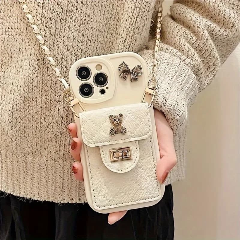 3D Bow Cartoon Bear Premium Mobile Cover PU Leather Soft With Lanyard Bag Phone Case