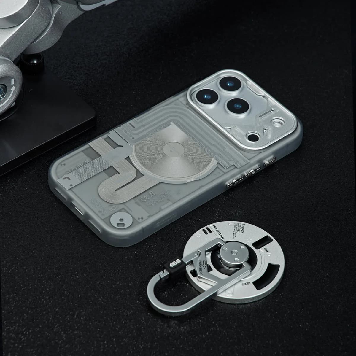 WAKCAS Tech-Core MagSafe iPhone Case | Exposed Mechanical Design with Silver Metal Lens Frame