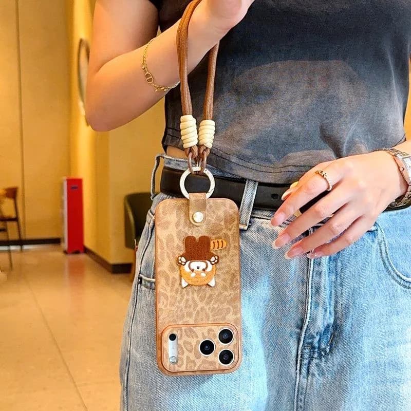 Brown Embroidered Cat Ring Handheld Hanging Rope Phone Case Suitable for iPhone