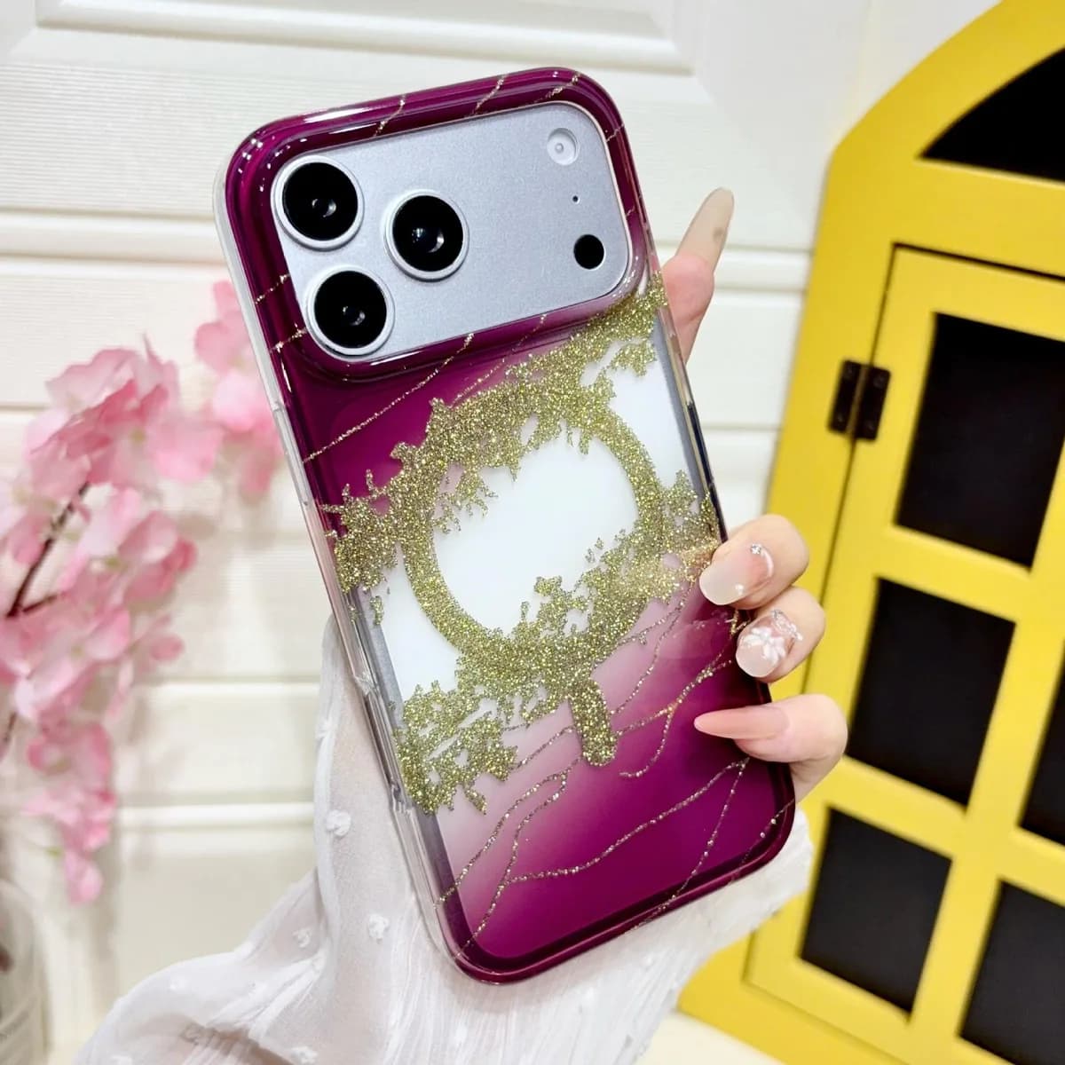 Luxury Gradient Gilded Platinum Glitter Magnetic Wireless Charging PC Cover for iPhone