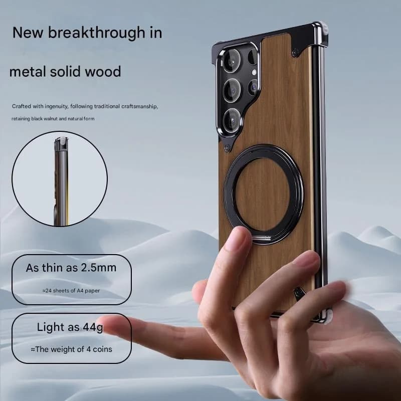 Premium Walnut Wood Aluminum Metal Magnetic Phone Case for Samsung, With 360° Rotating Ring Stand