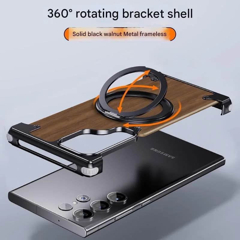 Premium Walnut Wood Aluminum Metal Magnetic Phone Case for Samsung, With 360° Rotating Ring Stand