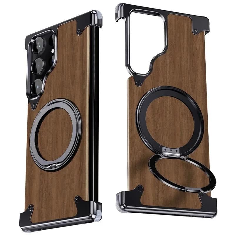 Premium Walnut Wood Aluminum Metal Magnetic Phone Case for Samsung, With 360° Rotating Ring Stand