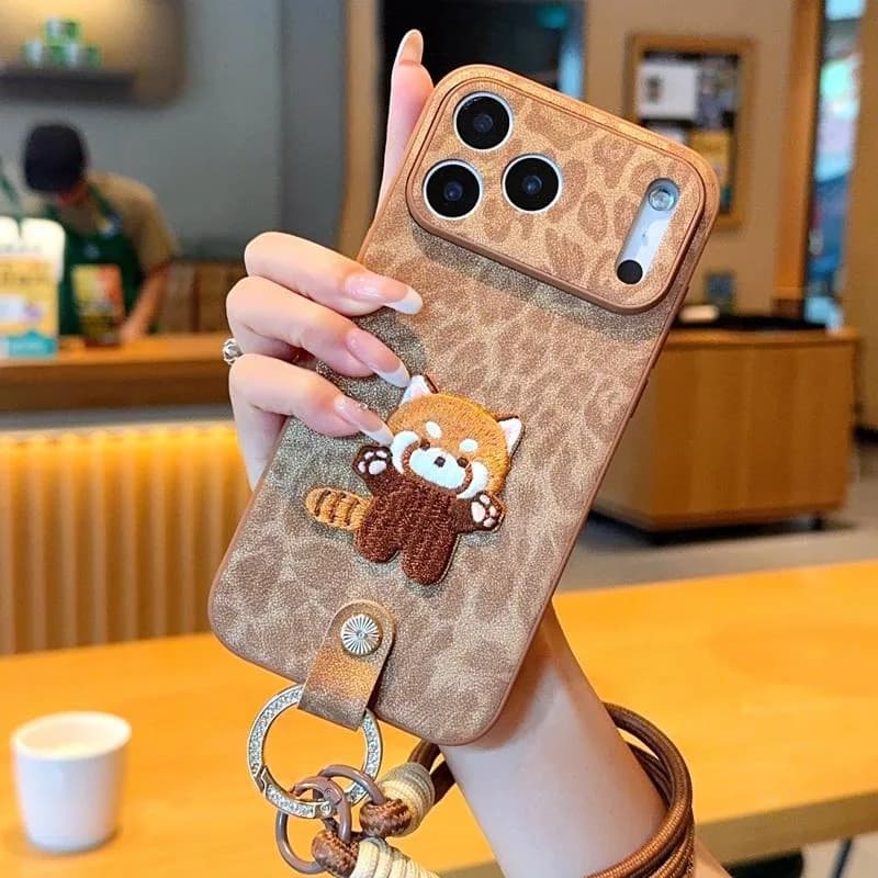 Brown Embroidered Cat Ring Handheld Hanging Rope Phone Case Suitable for iPhone