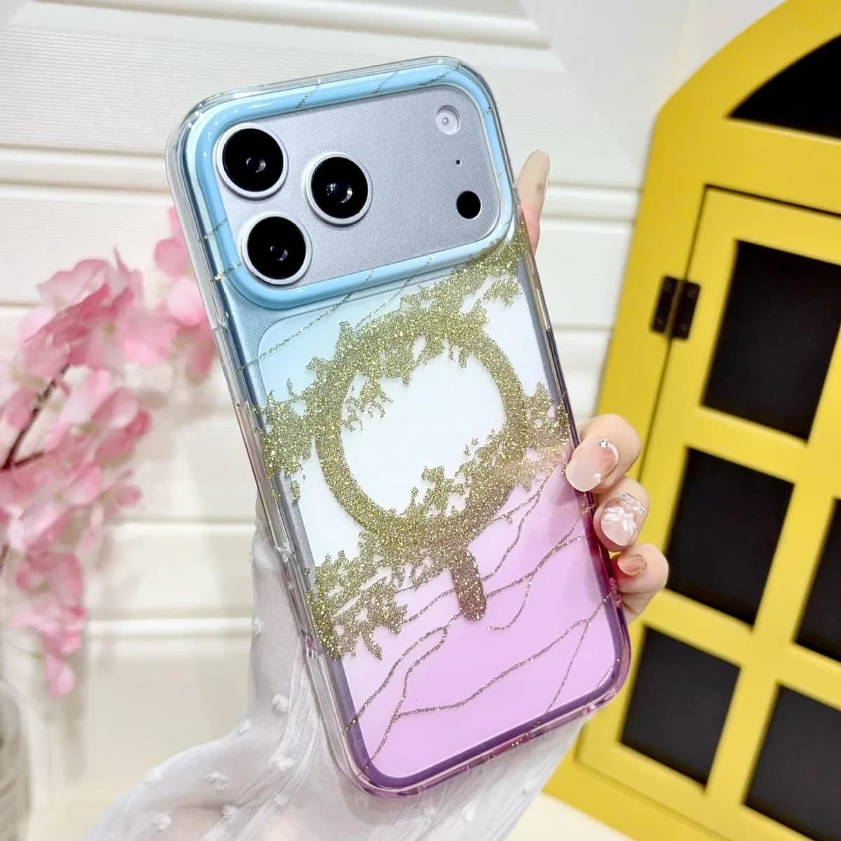 Luxury Gradient Gilded Platinum Glitter Magnetic Wireless Charging PC Cover for iPhone
