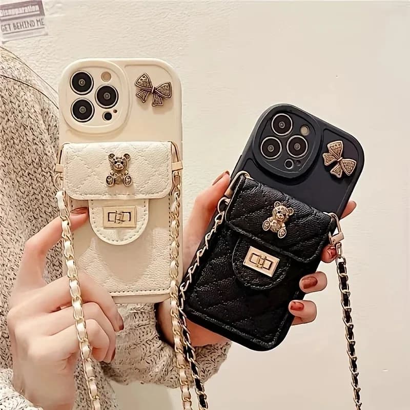 3D Bow Cartoon Bear Premium Mobile Cover PU Leather Soft With Lanyard Bag Phone Case
