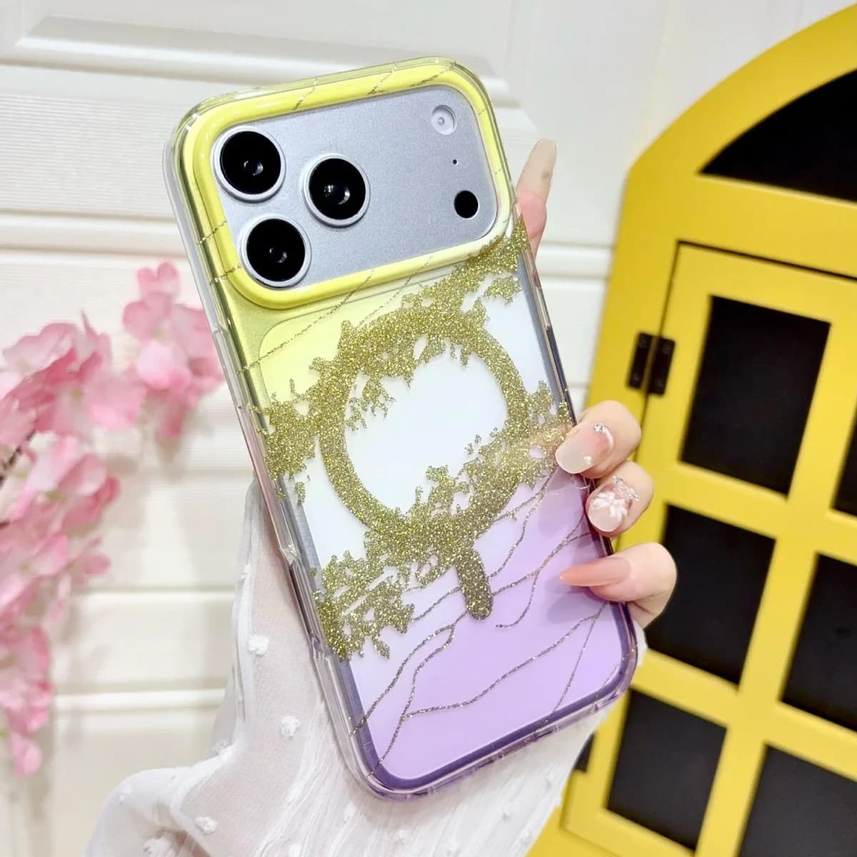 Luxury Gradient Gilded Platinum Glitter Magnetic Wireless Charging PC Cover for iPhone