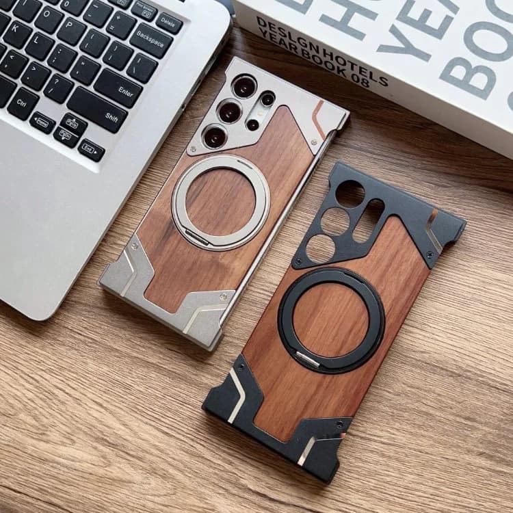 Borderless Phone Cover Wood Grain Aluminum Alloy Holder Magnetic Phone Case
