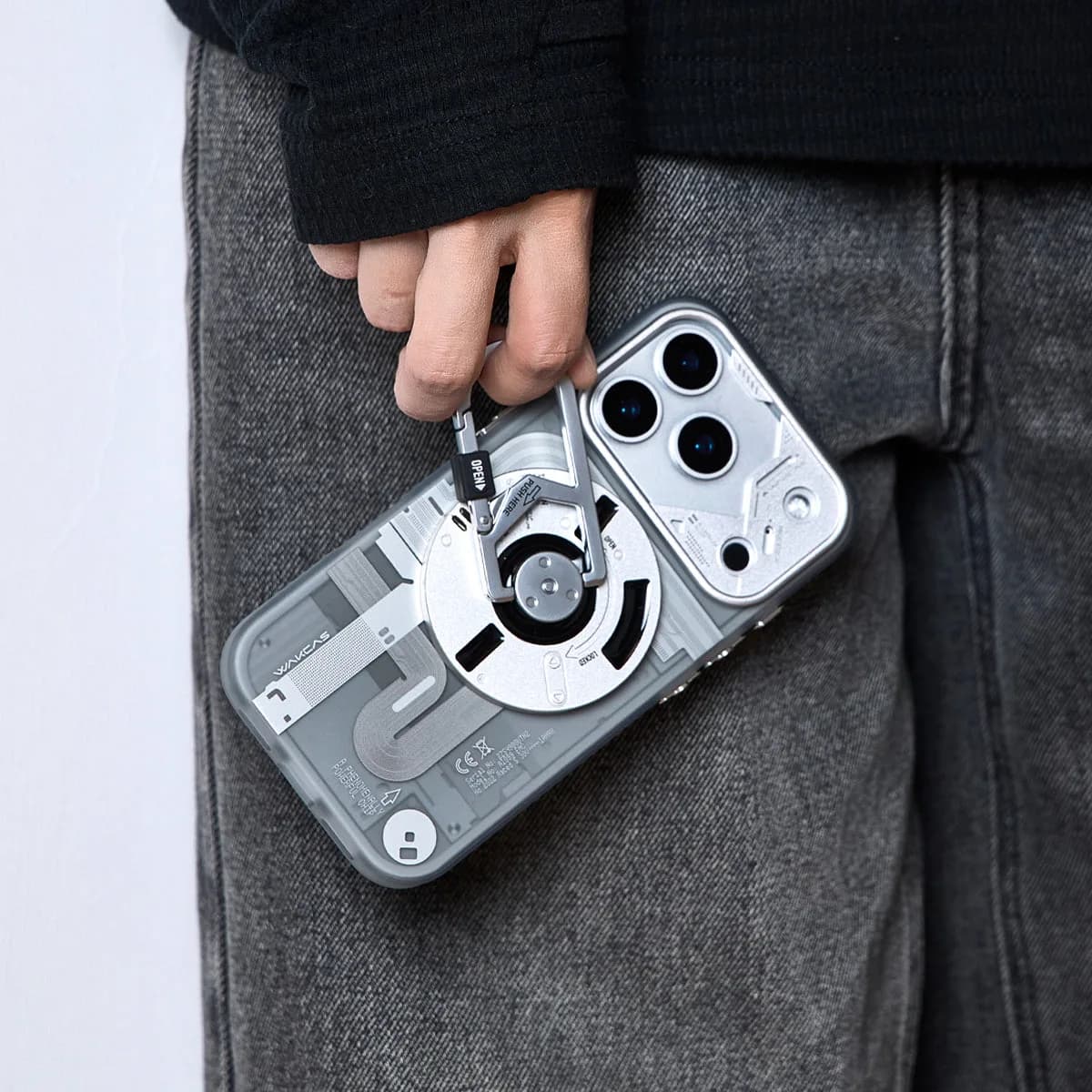 WAKCAS Tech-Core MagSafe iPhone Case | Exposed Mechanical Design with Silver Metal Lens Frame