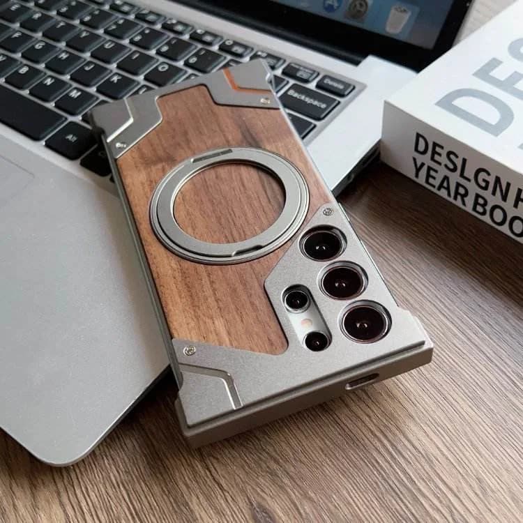 Borderless Phone Cover Wood Grain Aluminum Alloy Holder Magnetic Phone Case