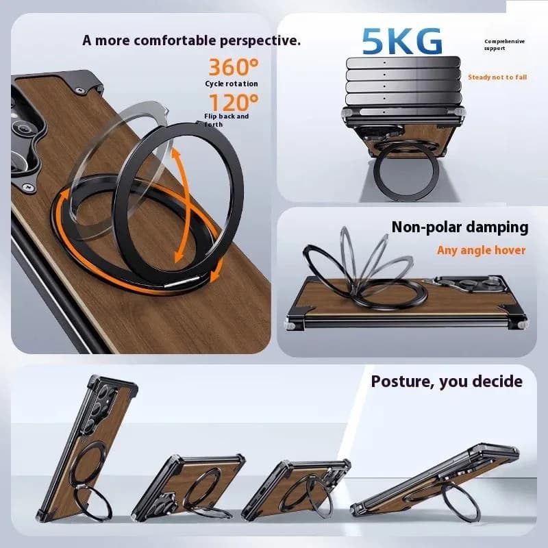 Premium Walnut Wood Aluminum Metal Magnetic Phone Case for Samsung, With 360° Rotating Ring Stand