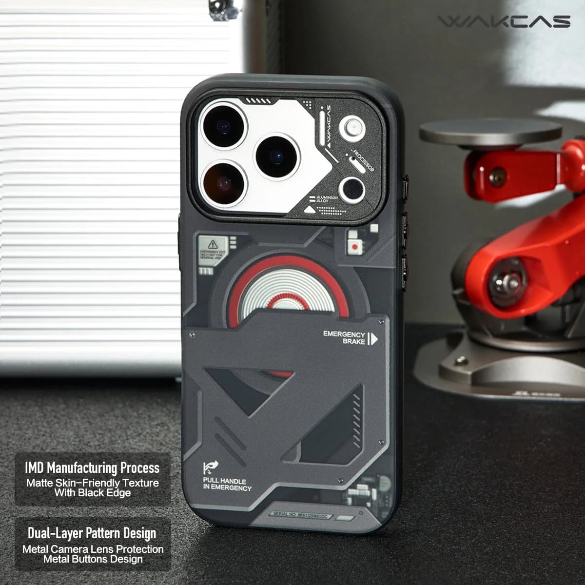 Wakcas Black Emergency Panel iPhone Case - Sleek Matte Magnetic Protective Cover