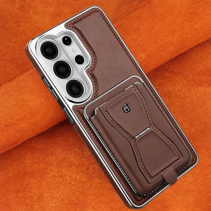 Business Electroplate Luxury Magnetic PU Leather Wallet Phone Case With Card Holder Stand