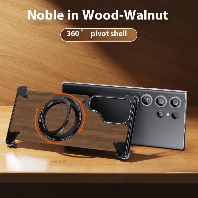 Premium Walnut Wood Aluminum Metal Magnetic Phone Case for Samsung, With 360° Rotating Ring Stand