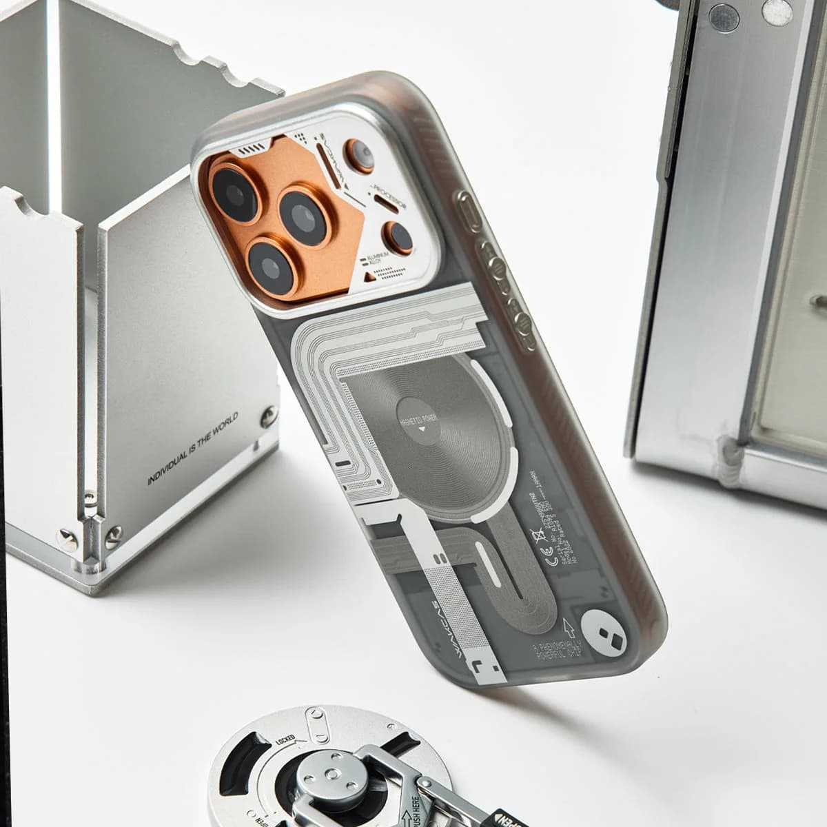 WAKCAS Tech-Core MagSafe iPhone Case | Exposed Mechanical Design with Silver Metal Lens Frame