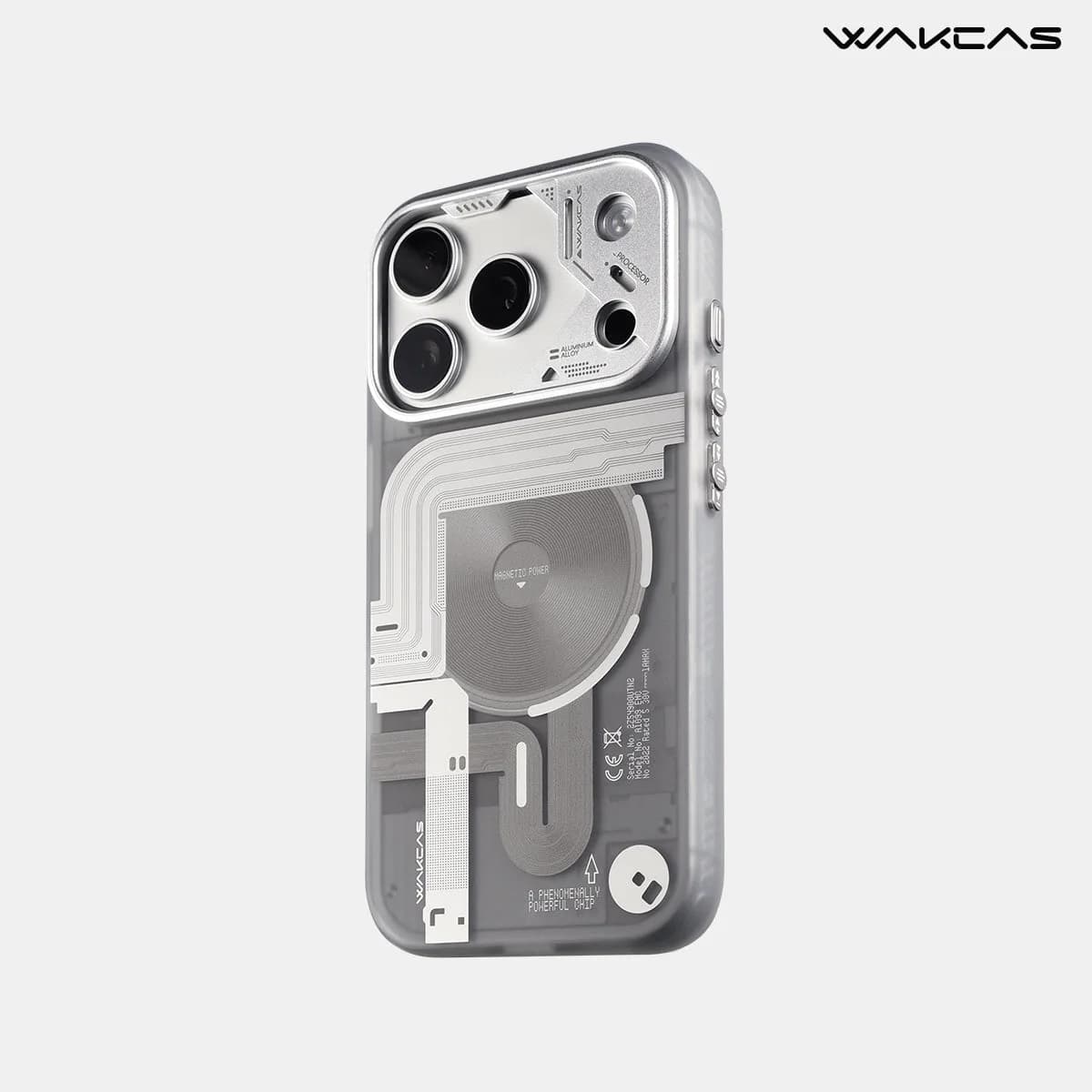 WAKCAS Tech-Core MagSafe iPhone Case | Exposed Mechanical Design with Silver Metal Lens Frame
