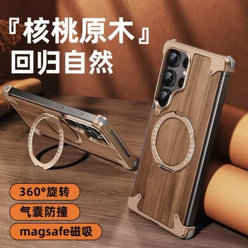 Premium Walnut Wood Aluminum Metal Magnetic Phone Case for Samsung, With 360° Rotating Ring Stand