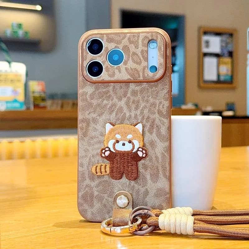 Brown Embroidered Cat Ring Handheld Hanging Rope Phone Case Suitable for iPhone