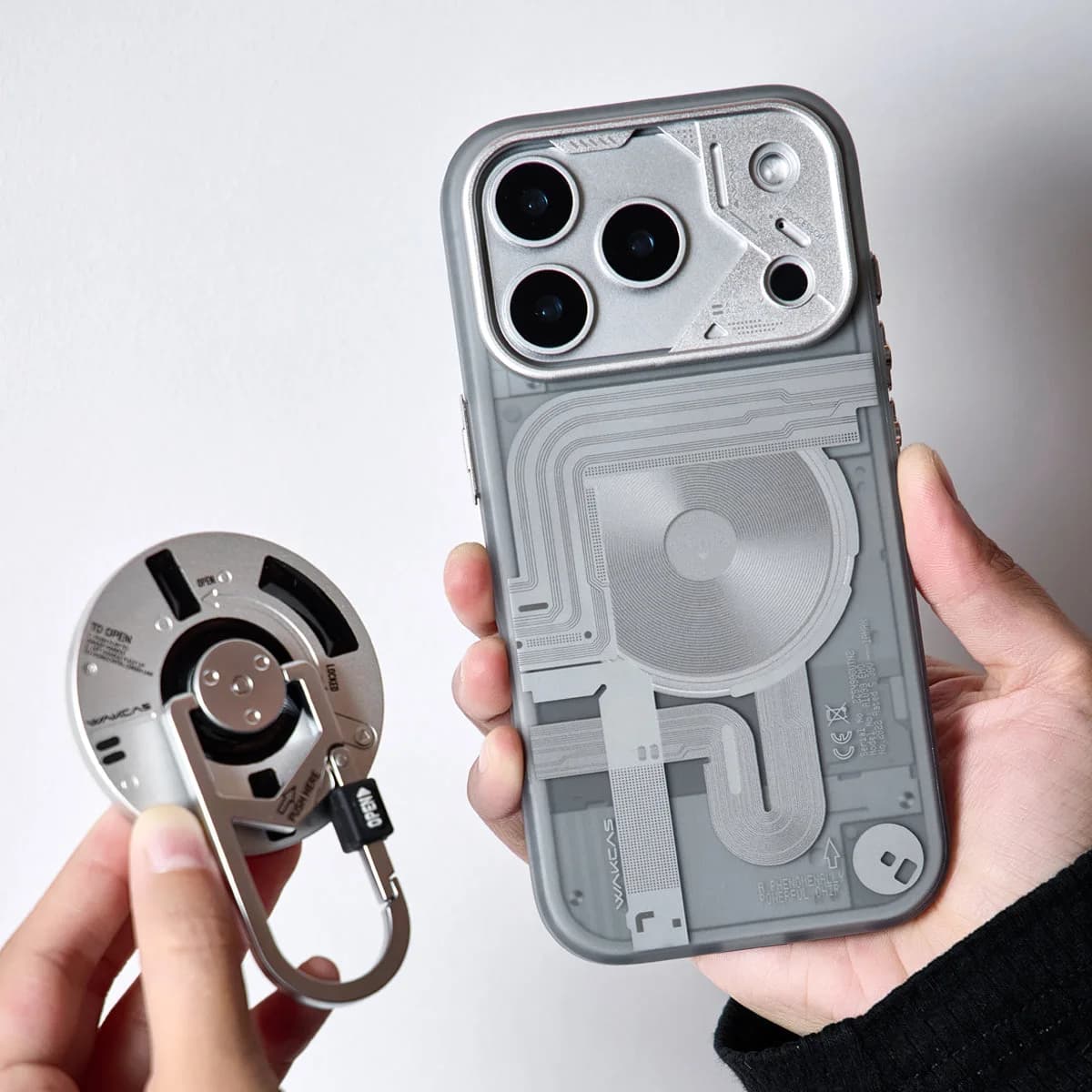 WAKCAS Tech-Core MagSafe iPhone Case | Exposed Mechanical Design with Silver Metal Lens Frame