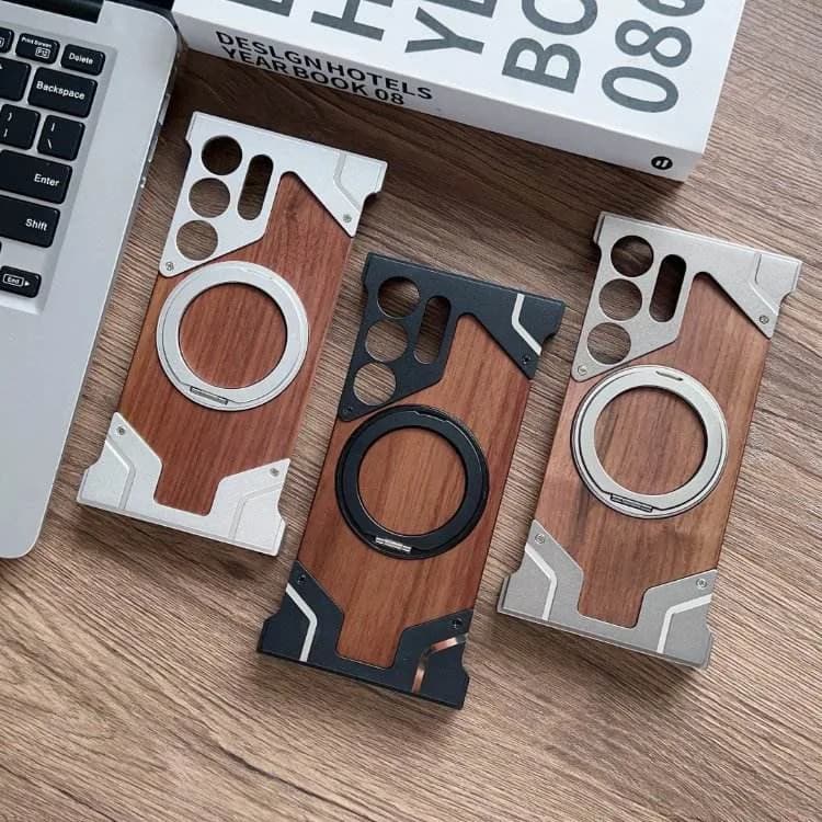 Borderless Phone Cover Wood Grain Aluminum Alloy Holder Magnetic Phone Case