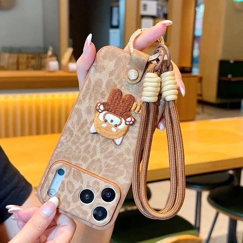 Brown Embroidered Cat Ring Handheld Hanging Rope Phone Case Suitable for iPhone
