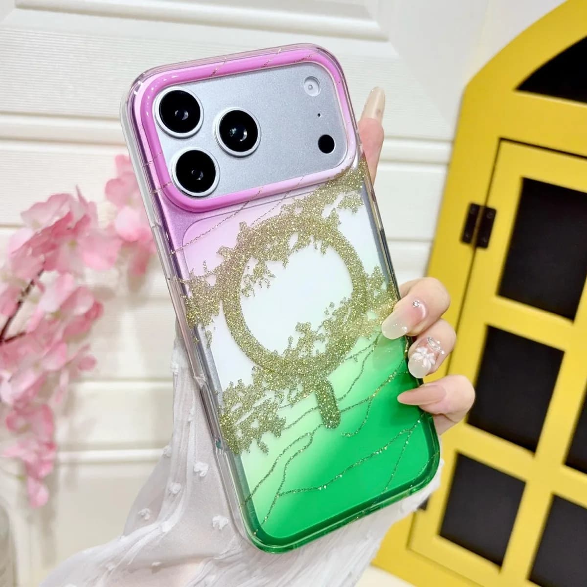 Luxury Gradient Gilded Platinum Glitter Magnetic Wireless Charging PC Cover for iPhone