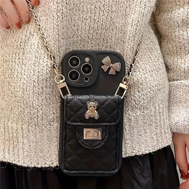3D Bow Cartoon Bear Premium Mobile Cover PU Leather Soft With Lanyard Bag Phone Case