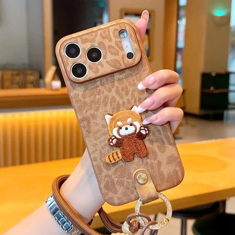 Brown Embroidered Cat Ring Handheld Hanging Rope Phone Case Suitable