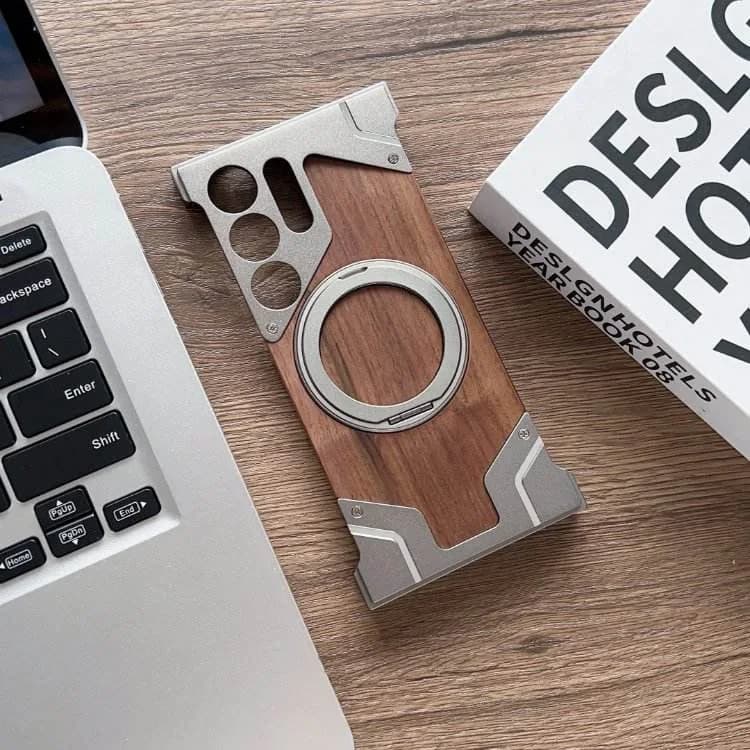 Borderless Phone Cover Wood Grain Aluminum Alloy Holder Magnetic Phone Case