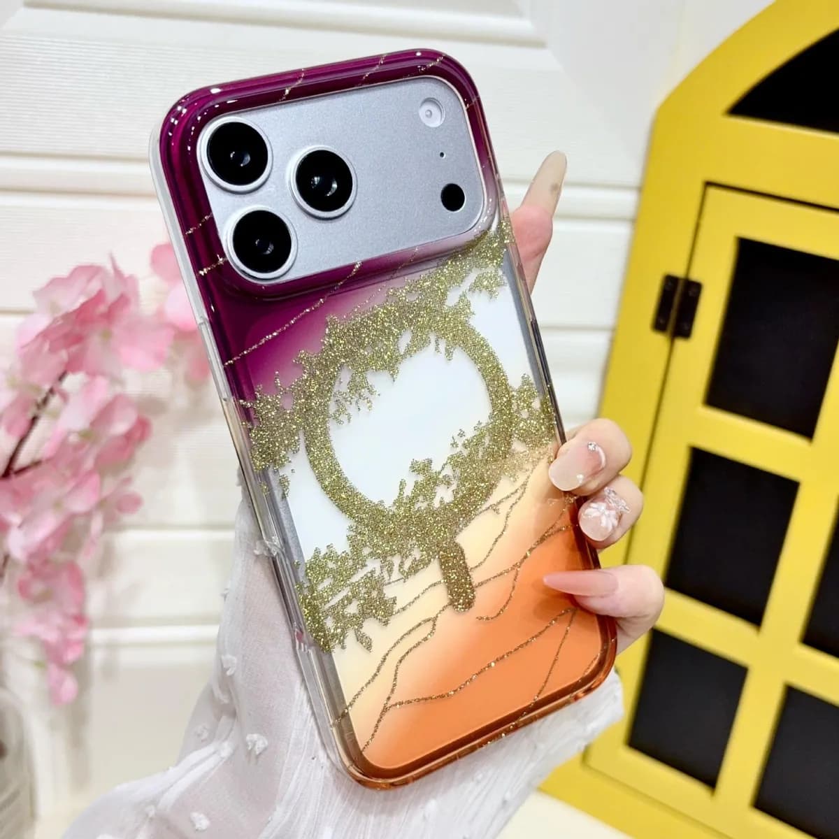 Luxury Gradient Gilded Platinum Glitter Magnetic Wireless Charging PC Cover for iPhone