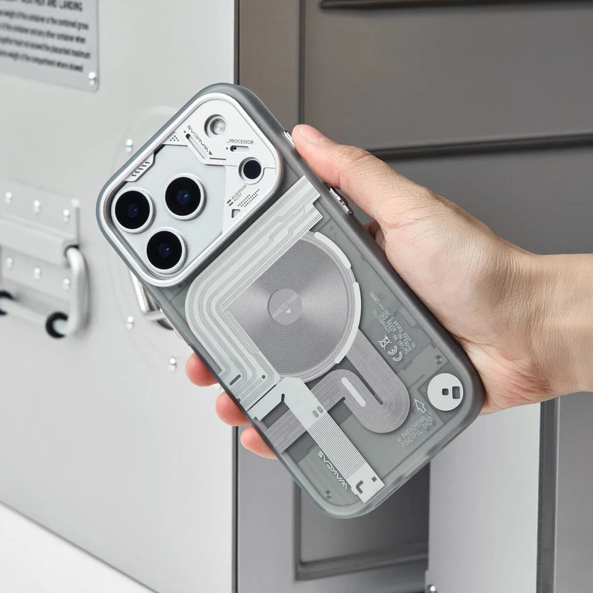 WAKCAS Tech-Core MagSafe iPhone Case | Exposed Mechanical Design with Silver Metal Lens Frame