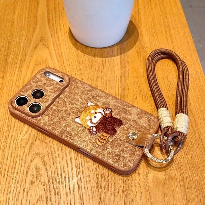 Brown Embroidered Cat Ring Handheld Hanging Rope Phone Case Suitable for iPhone