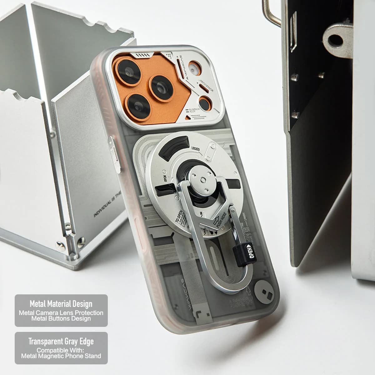 WAKCAS Tech-Core MagSafe iPhone Case | Exposed Mechanical Design with Silver Metal Lens Frame