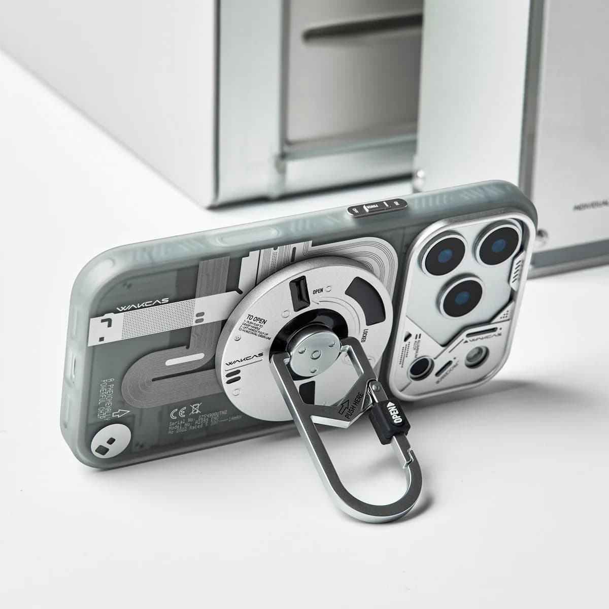WAKCAS Tech-Core MagSafe iPhone Case | Exposed Mechanical Design with Silver Metal Lens Frame