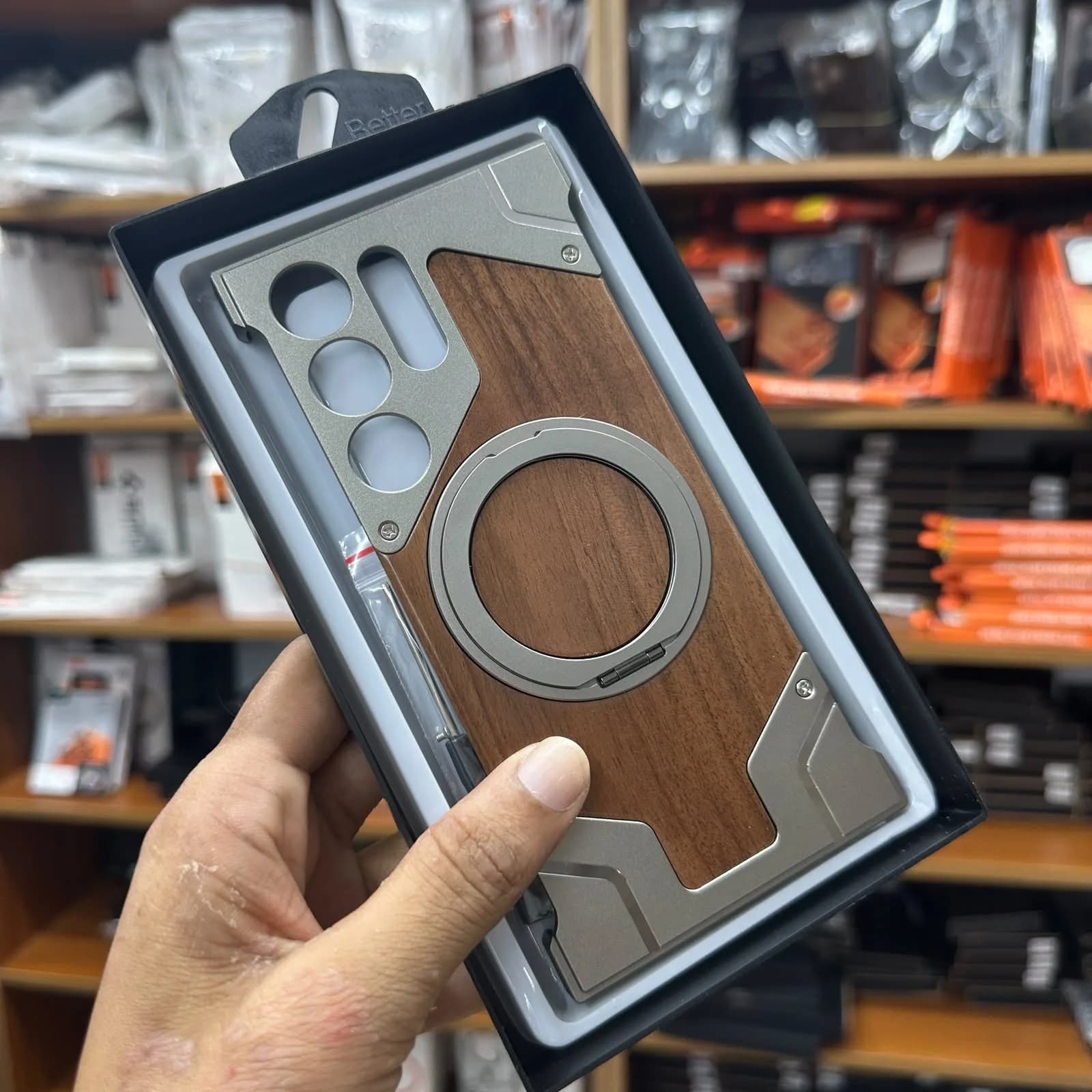 For Samsung Galaxy and iphone 17 pro 17 pro max 18 pro 18 pro max S26 S24 S25S23 ultra Phone Case Walnut Wood Luxurious Metal Magsafe Wireless Charging with Ring Holder