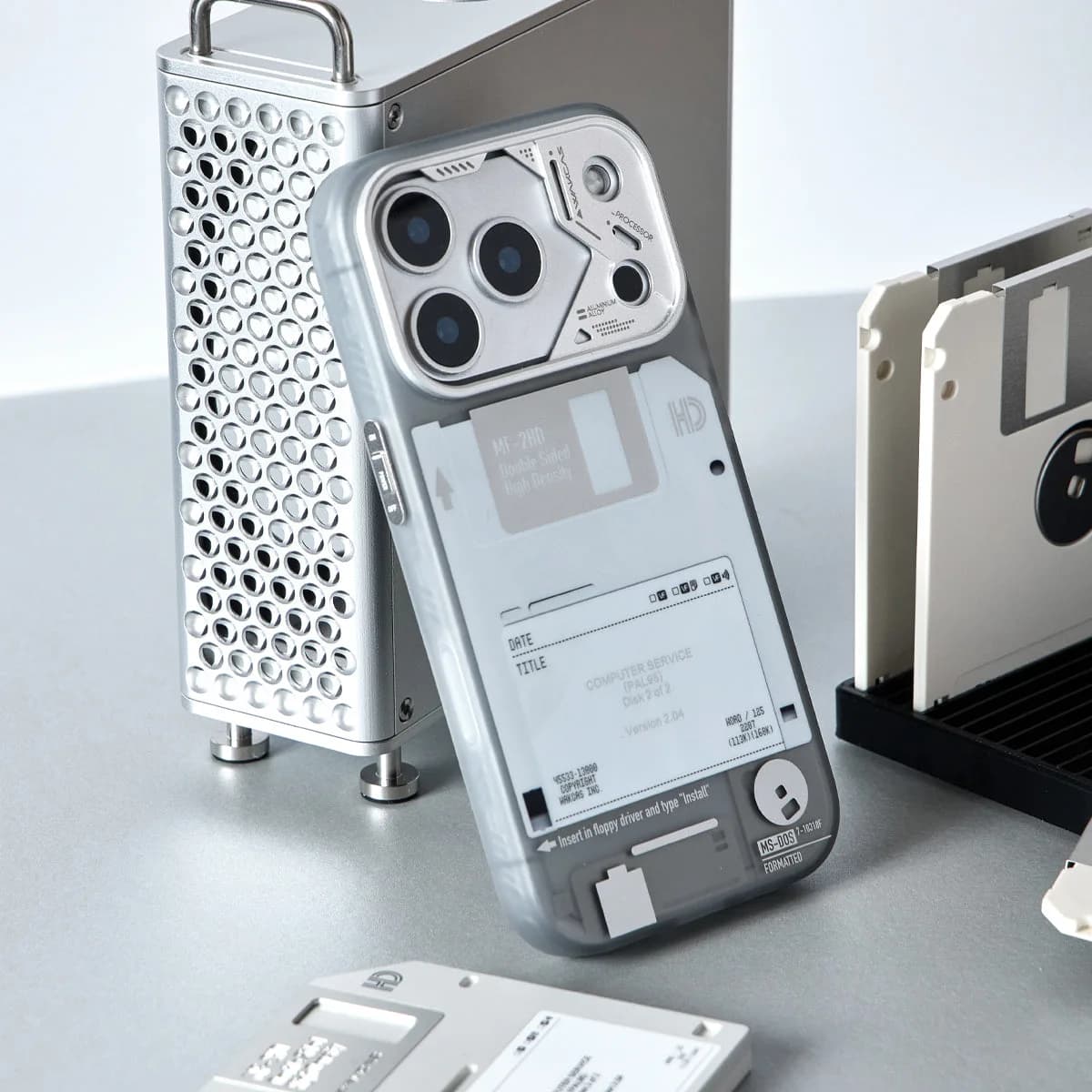 WAKCAS Retro Geek Floppy Disk MagSafe iPhone Case | Silver Metal Lens Guard with Circuit Details
