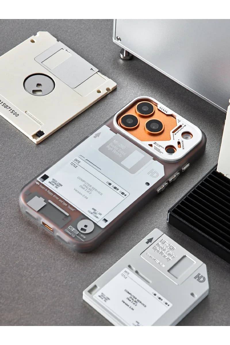 WAKCAS Retro Geek Floppy Disk MagSafe iPhone Case | Silver Metal Lens Guard with Circuit Details