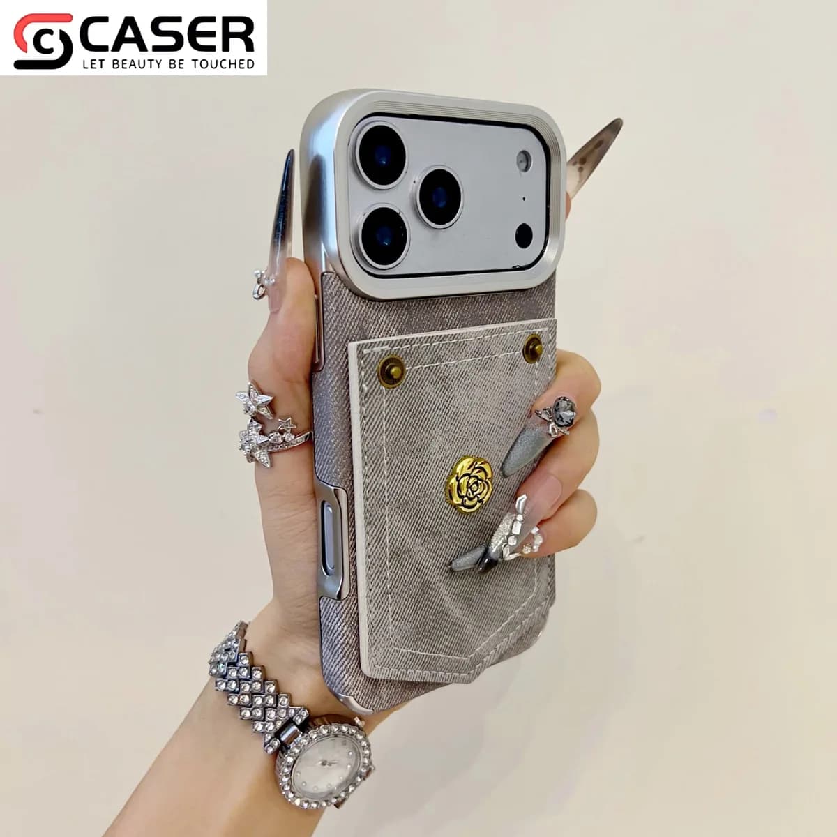 Retro Style Camellia Decoration Denim Pattern Pure Color Electroplated Frame Shockproof Case