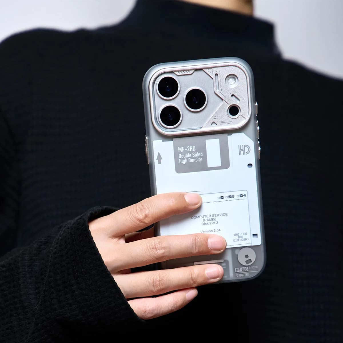 WAKCAS Retro Geek Floppy Disk MagSafe iPhone Case | Silver Metal Lens Guard with Circuit Details