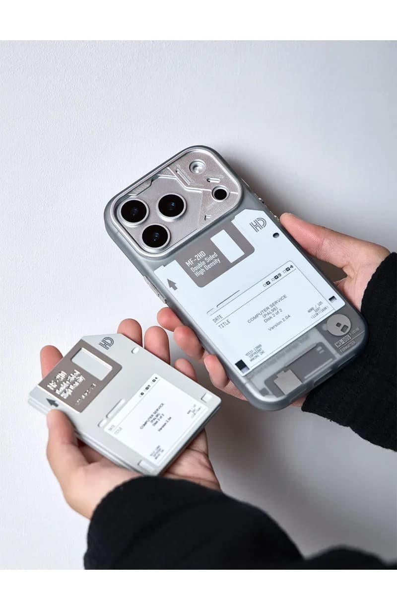 WAKCAS Retro Geek Floppy Disk MagSafe iPhone Case | Silver Metal Lens Guard with Circuit Details