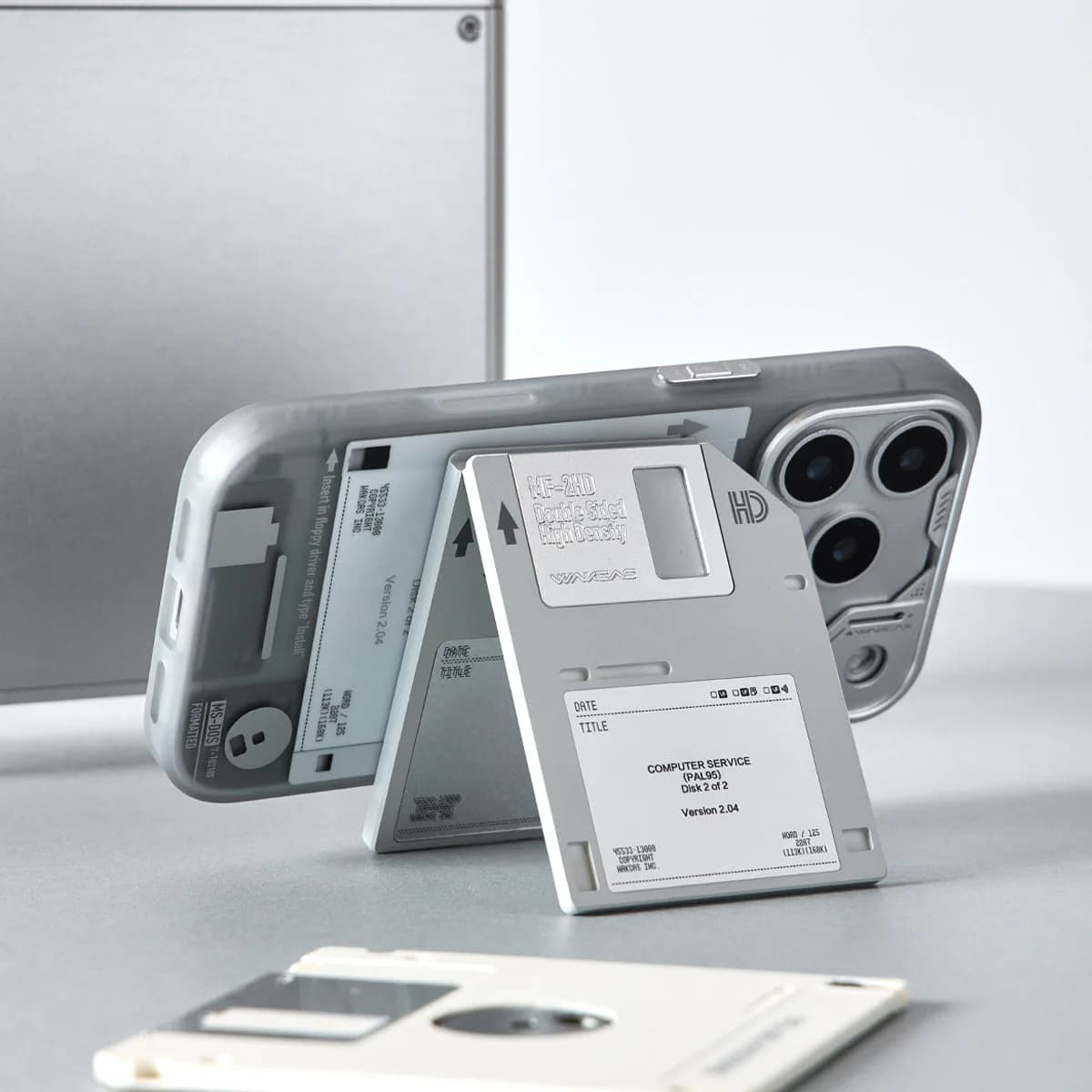 WAKCAS Retro Geek Floppy Disk MagSafe iPhone Case | Silver Metal Lens Guard with Circuit Details