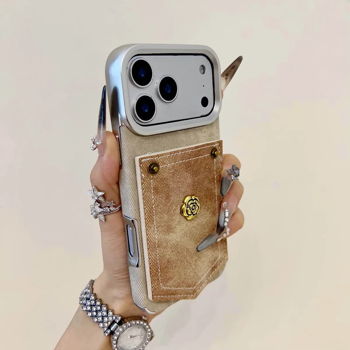 Retro Style Camellia Decoration Denim Pattern Pure Color Electroplated Frame Shockproof Case