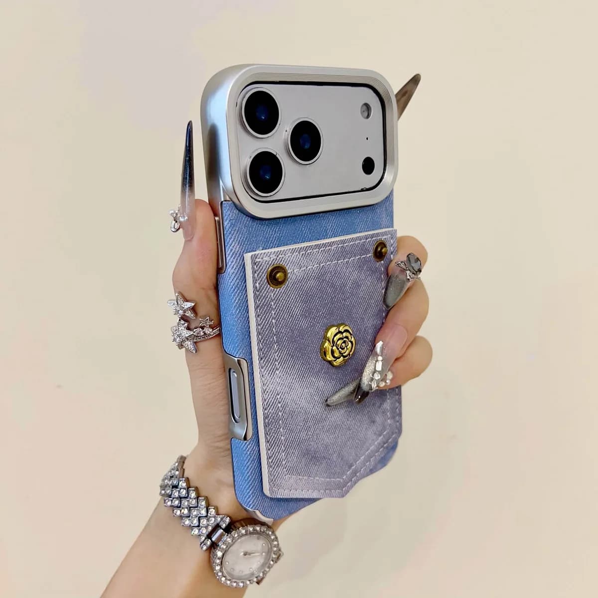 Retro Style Camellia Decoration Denim Pattern Pure Color Electroplated Frame Shockproof Case