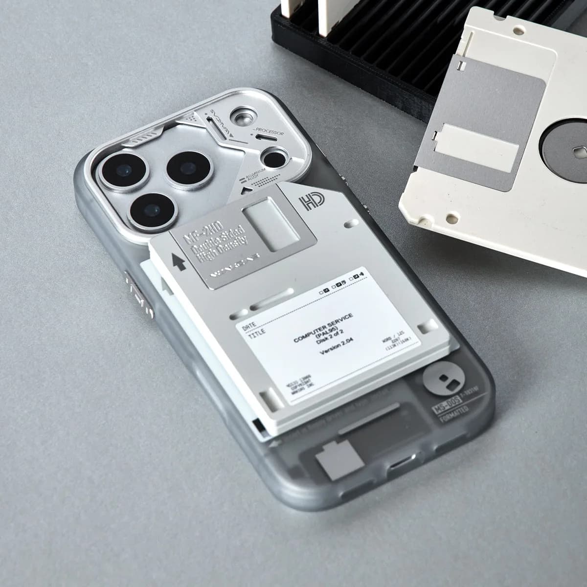 WAKCAS Retro Geek Floppy Disk MagSafe iPhone Case | Silver Metal Lens Guard with Circuit Details