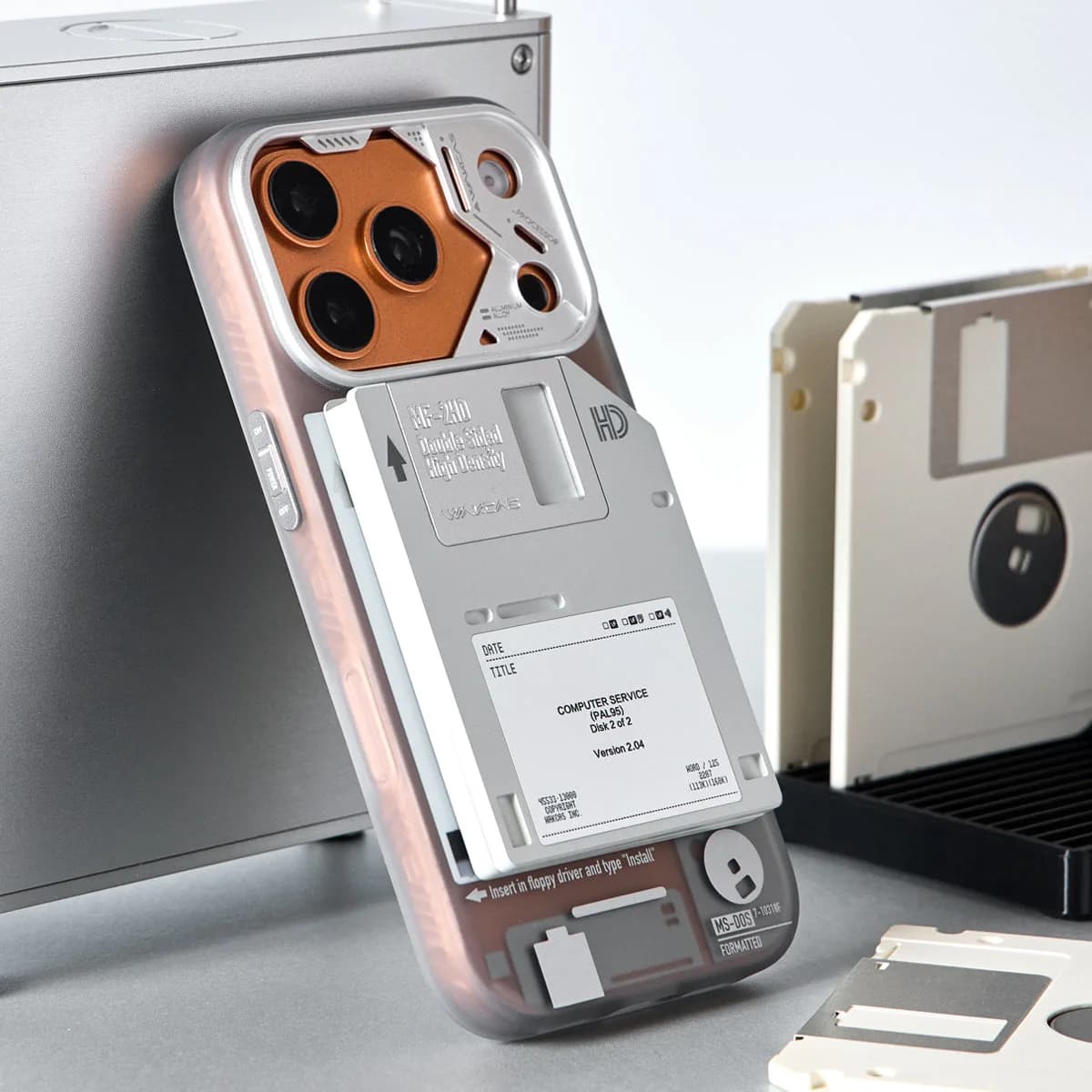 WAKCAS Retro Geek Floppy Disk MagSafe iPhone Case | Silver Metal Lens Guard with Circuit Details