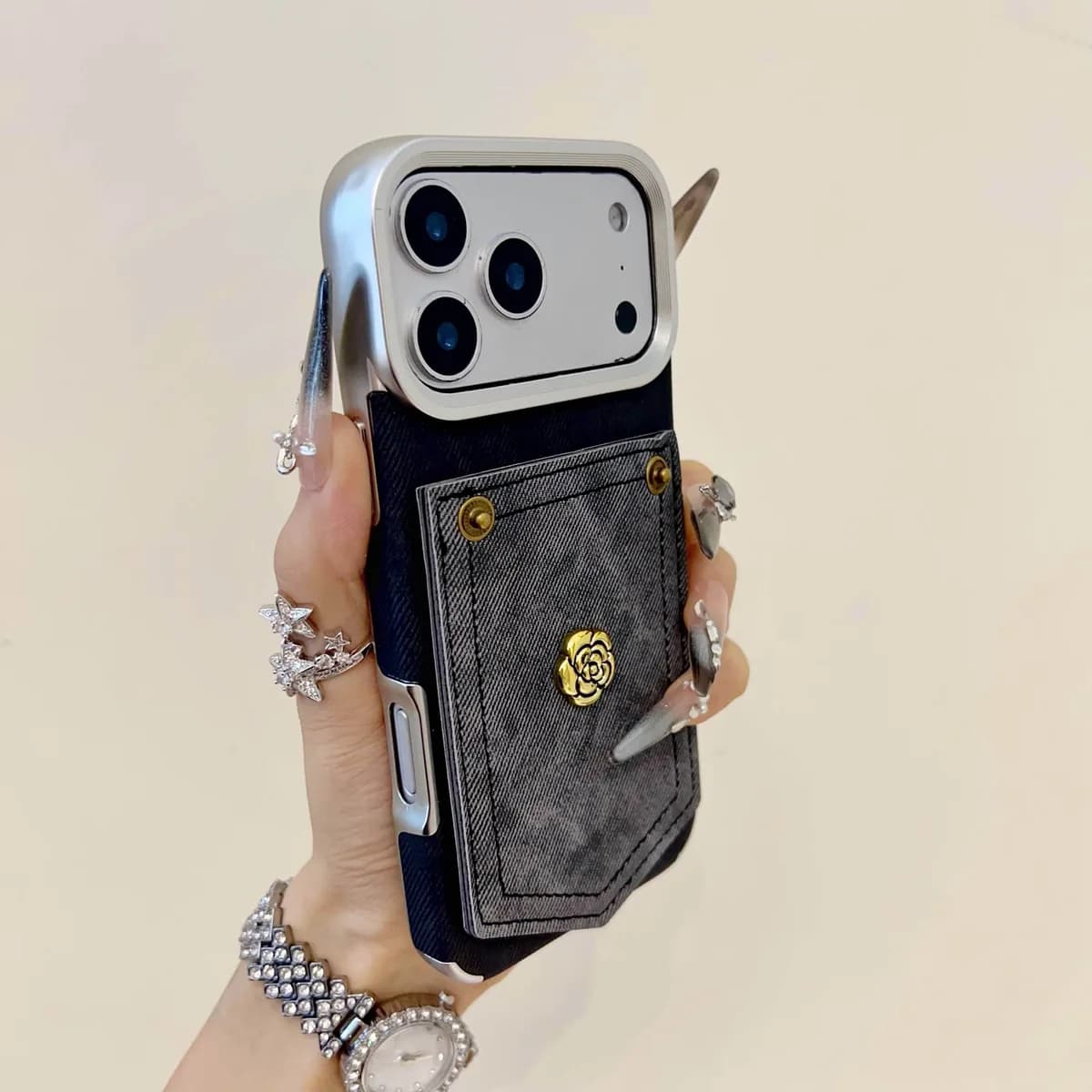 Retro Style Camellia Decoration Denim Pattern Pure Color Electroplated Frame Shockproof Case