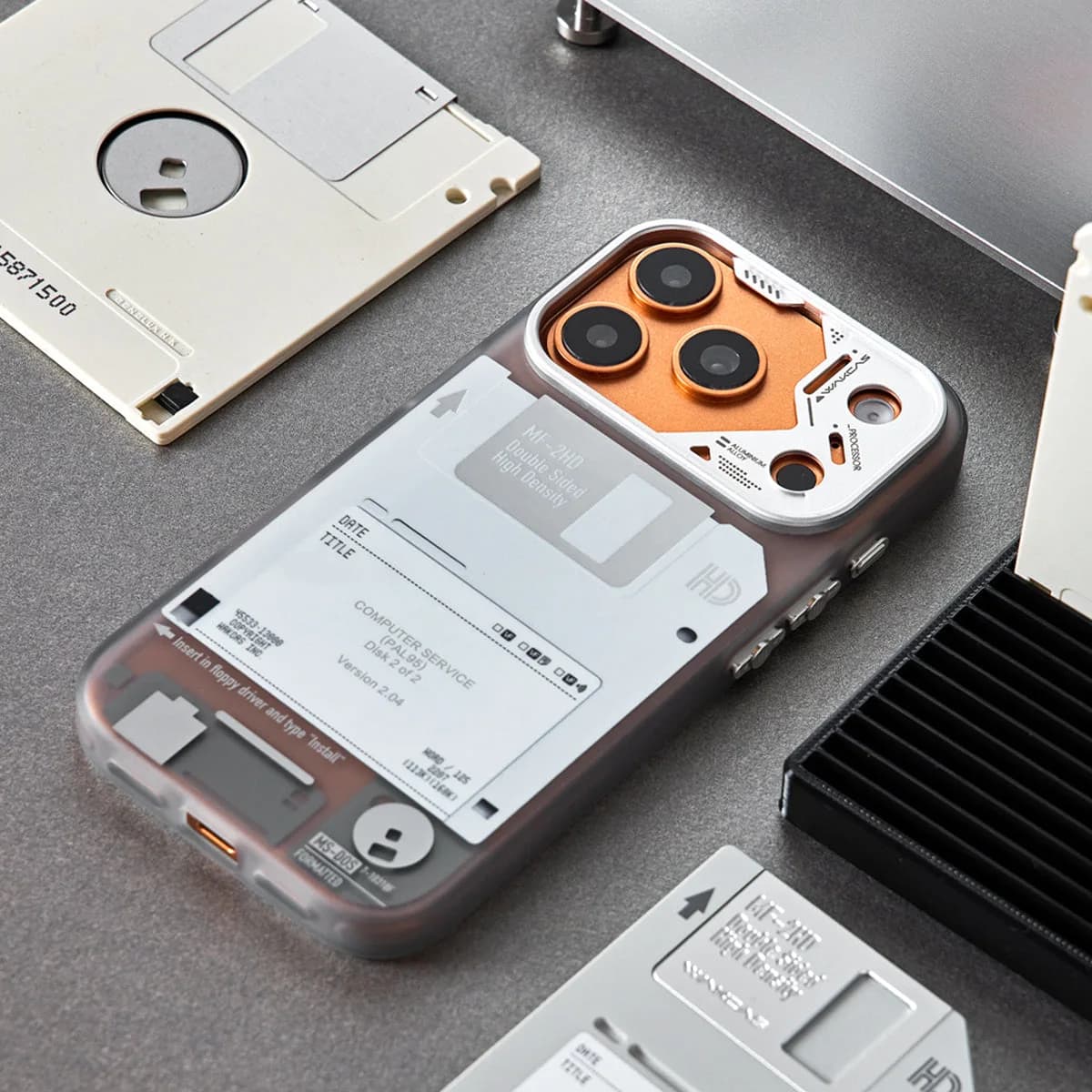 WAKCAS Retro Geek Floppy Disk MagSafe iPhone Case | Silver Metal Lens Guard with Circuit Details